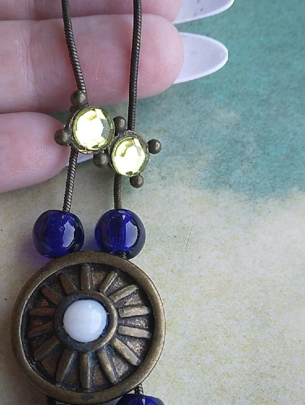 Chico's Y2K Antique Brass Statement Bib Necklace Blue Green Cat's Eye Medallion